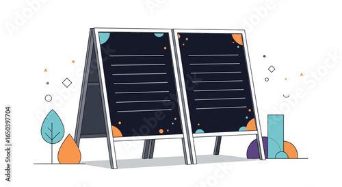 Creative a frame signage display with abstract geometric shapes and stylized foliage elements illustrating outdoor advertising opportunities
