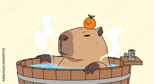 Adorable capybara relaxing in a warm hot spring surrounded by gentle steam and a cute orange hat