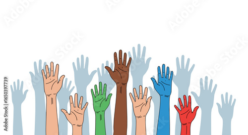 Many diverse hands raised in agreement showing unity and participation in a group activity or discussion