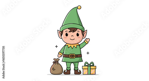 Charming cute cartoon elf holding a gift bag and a present waving hello happily for the festive holiday season