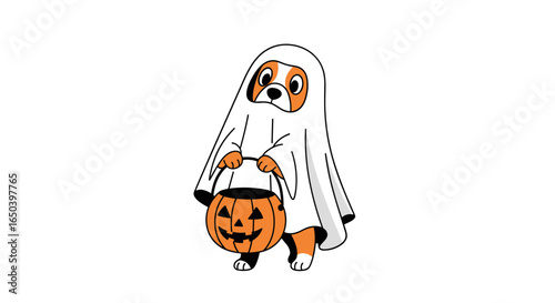 Adorable beagle puppy dressed as a ghost for trick or treating holding a jack o lantern candy bucket