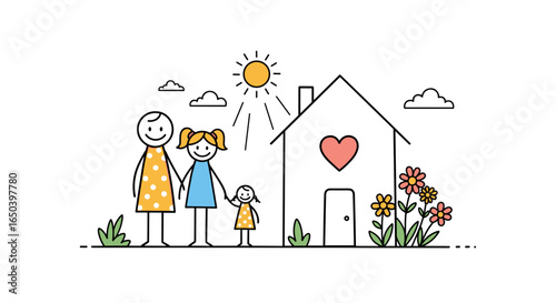 Simple stick figure family enjoying a sunny day in front of their cozy home with flowers and a heart symbol representing love and happiness