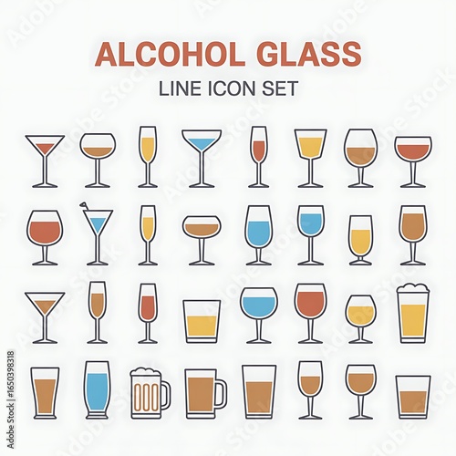 Alcohol glass line icon set featuring various drinkware for cocktails beer and wine vector illustration for bar or restaurant graphics