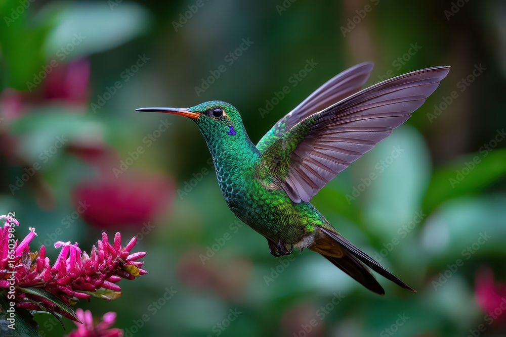Fototapeta premium Colorful pink blooming hummingbird feeding on flowers in a lush wooded environment during a sunny day