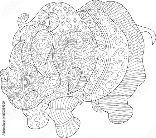 Detailed Zentangle Rhinoceros Line Art Illustration for Adult Coloring Books. Artistic Doodle Style Black and White Outline of a Rhino, Perfect for Relaxation and Creative Hobby.