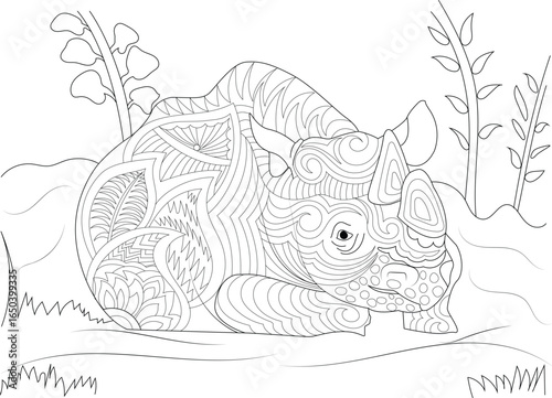 Highly detailed Zentangle rhino line art for adult coloring books, featuring an intricately patterned rhinoceros on a clean white background.