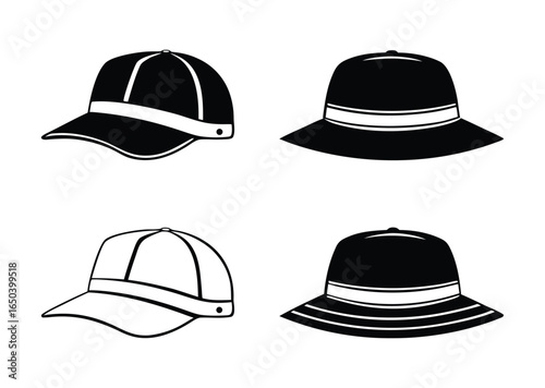 Collection of four hats and caps isolated on white background