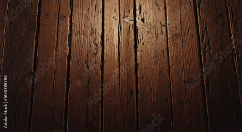 Close-up of a rustic, aged wooden floor with visible grain and texture, illuminated by a central light source.