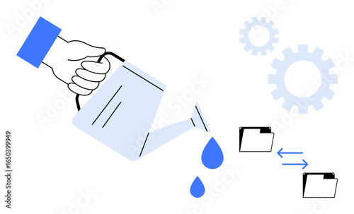 Hand pouring water from a watering can, symbolizing growth, next to interlinked folders and cogwheels. Ideal for business, data transfer, teamwork, productivity, innovation, development efficiency
