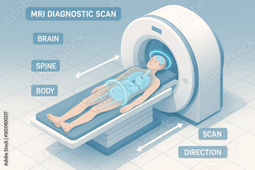 Vector illustration of an MRI diagnostic scan showing labeled body parts including brain, spine, and abdomen in a clinical medical setting.