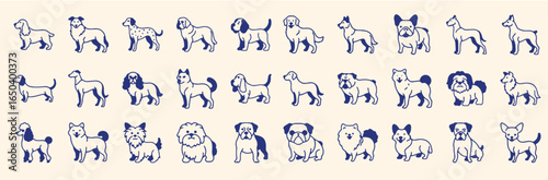 Outline cute dogs set. Vector cartoon line dogs collection. Purebred dogs silhouette bundle illustration
