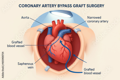 A vector infographic shows coronary artery bypass graft surgery with redirected blood flow using a grafted vessel around a blocked artery.