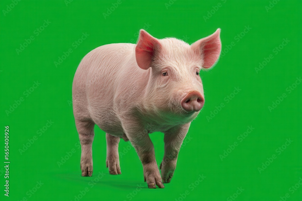 Fototapeta premium Realistic pink pig walking on a vibrant green screen background showcasing its natural features and playful demeanor in a studio setting