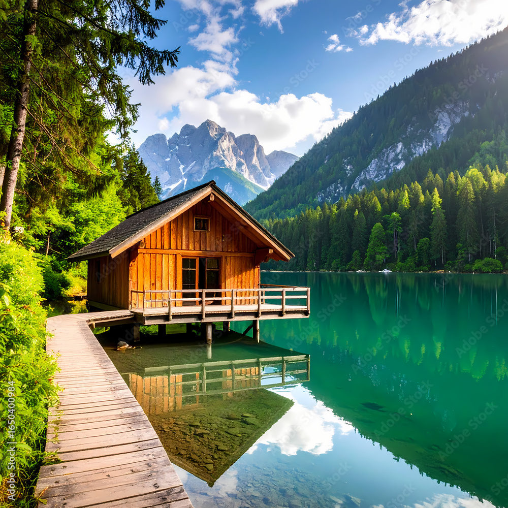 Naklejka premium Lake cabin mountain retreat