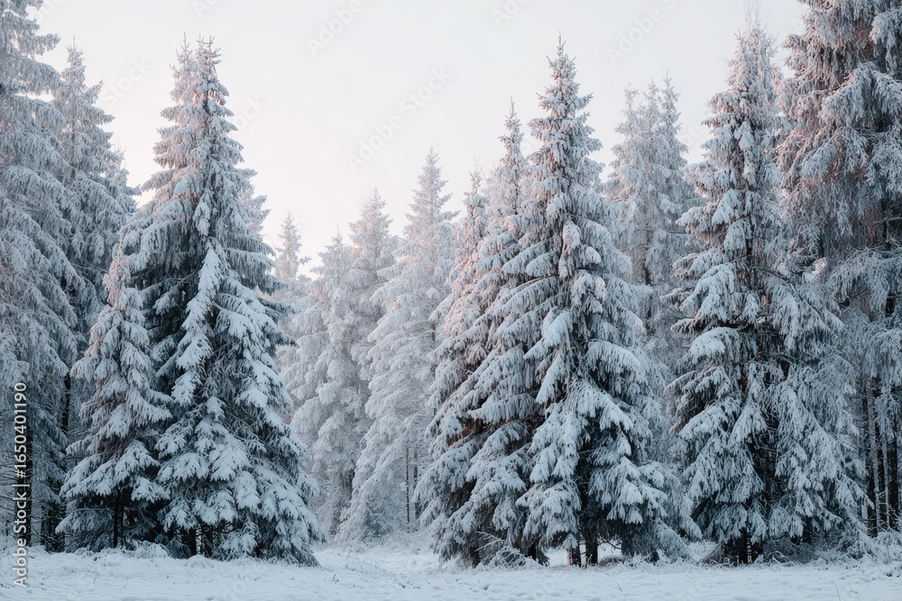 Fototapeta premium Snow-covered pine trees create a tranquil atmosphere during a frosty evening in a serene forest landscape