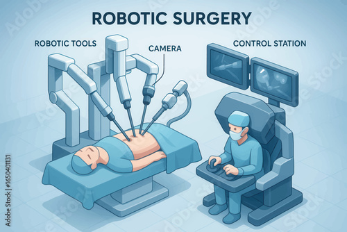 Vector image of robotic surgery system with control station and mechanical tools, representing advanced medical technology.