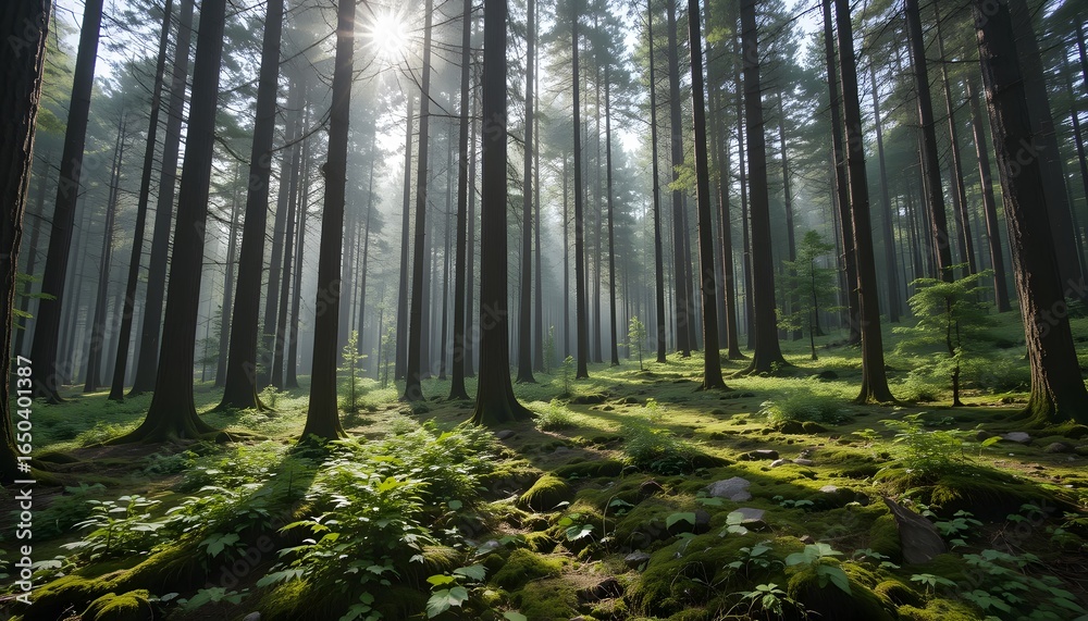 Obraz premium Sunlight streams through tall trees in a dense forest