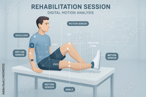 Vector illustration of digital rehabilitation session using motion sensors on body joints for movement tracking and analysis in physical therapy context.