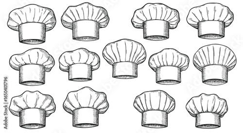 Set of various professional chef hats in a sketch style. Hand-drawn vector collection of toque blanche icons for culinary, restaurant, and kitchen themes