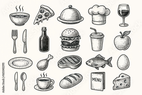Hand-drawn vintage vector illustration of food items and utensils including burgers, fish, steak, and wine in engraved sketch style.