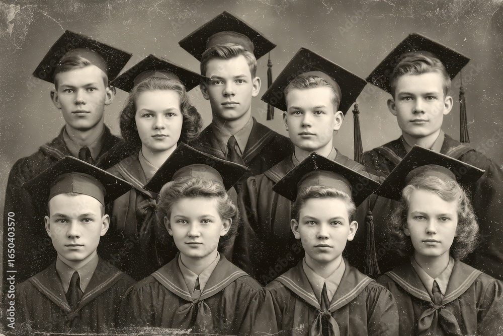 Obraz premium Vintage portrait of a graduating class from Voronezh USSR showcasing youthful determination and academic achievement in the early 20th century