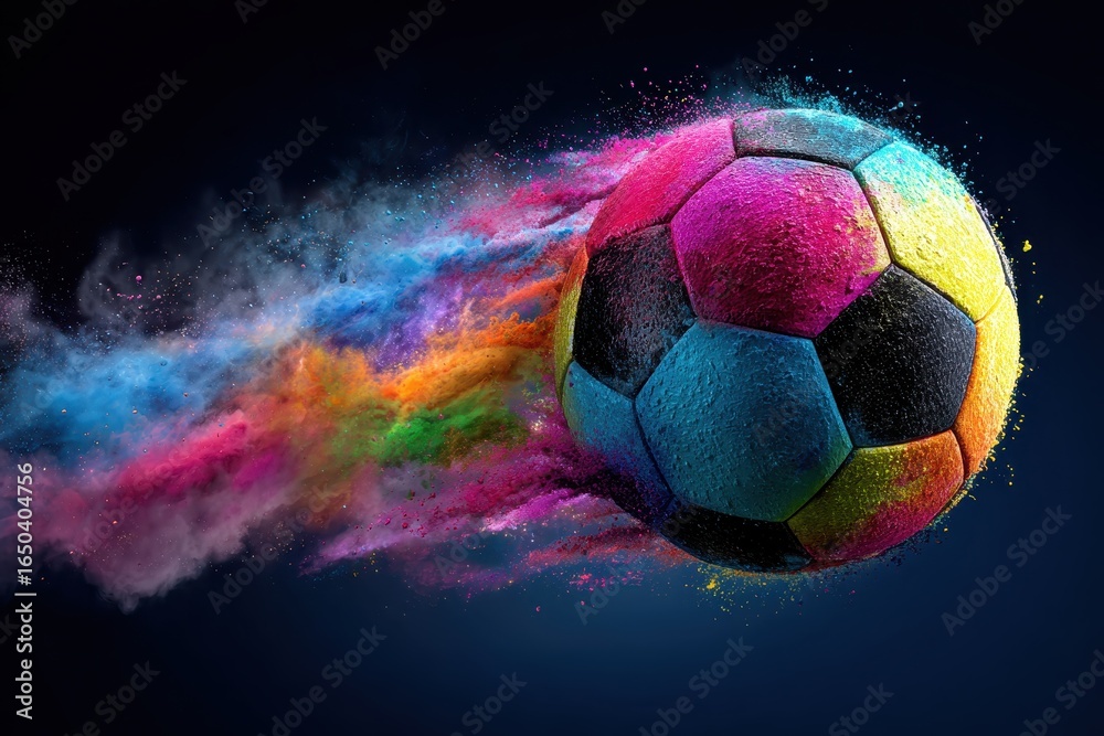 Naklejka premium Dynamic soccer ball explodes with vibrant colors as it moves through the air during an exciting match at a city park at noon