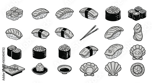 Set of hand-drawn sushi and Japanese food illustrations. Black and white vector graphic icons of Asian cuisine, including maki, nigiri, and shellfish