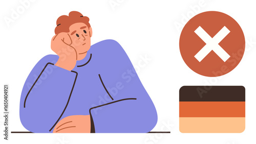Contemplative individual resting on hand, accompanied by an error mark and color swatch. Ideal for decision-making, regret, problem-solving, stress, doubt, failure second-guessing. Simple flat