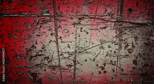 Close-up of a weathered red surface with scratches and peeling paint, revealing a textured and aged appearance.