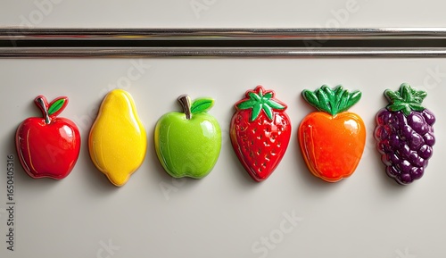 Colorful fruit magnets on a refrigerator