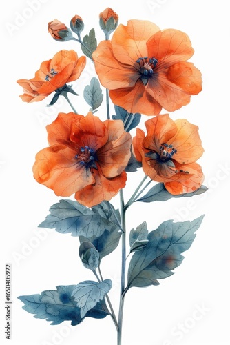 A vibrant illustration of orange flowers with blue-green leaves, showcasing delicate petals and intricate details, evoking a sense of beauty and nature.