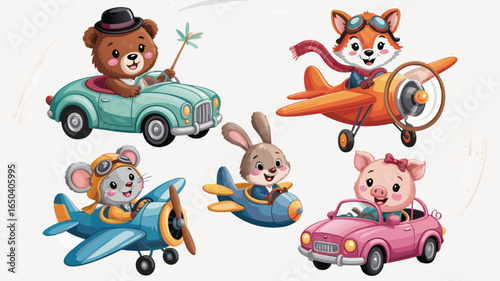 Cartoon Animals Driving Cars and Airplanes A Whimsical Collection of Cute Characters