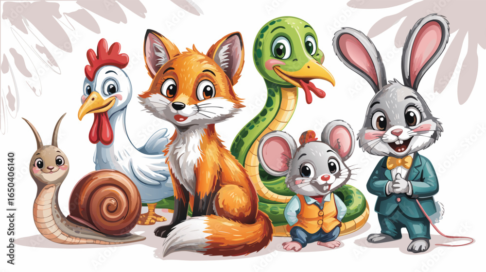 Naklejka premium Cartoon Animals Group Snail, Rooster, Fox, Snake, Mouse, and Rabbit Together in a Cute Illustration