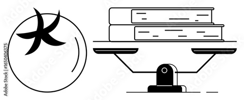 Scale balancing two books and a tomato, symbolizing equilibrium between knowledge and healthy living. Ideal for education, health, learning, balance, lifestyle, choices decision-making. Simple flat