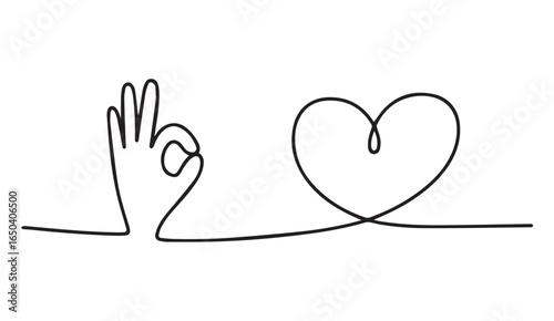 Hand gesture and heart symbol continuous line drawing ok sign love