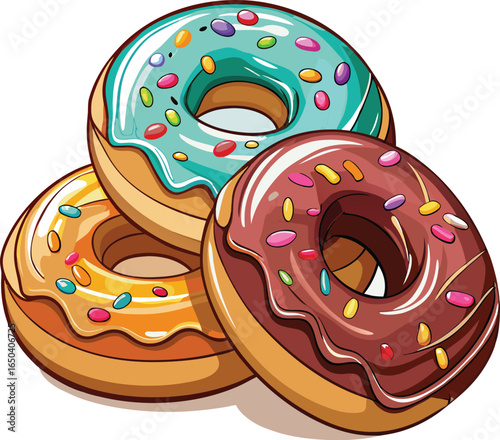 Pile of Delicious Glazed Donuts with Colorful Sprinkles, Food Vector Graphic