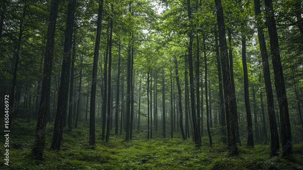 Fototapeta premium Lush forest canopy in a misty woodland.