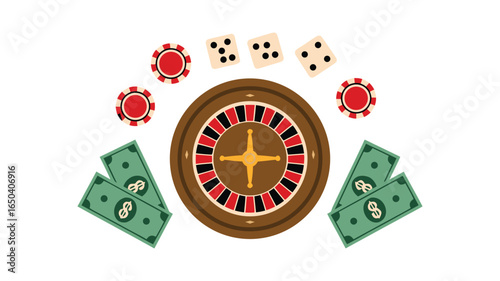 Casino Night Roulette Wheel, Dice, Chips, and Money on a White Background