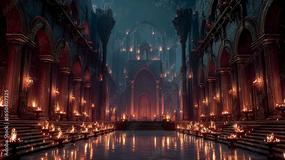 Fototapeta premium Grand medieval cathedral hall glowing with firelight high resolution image