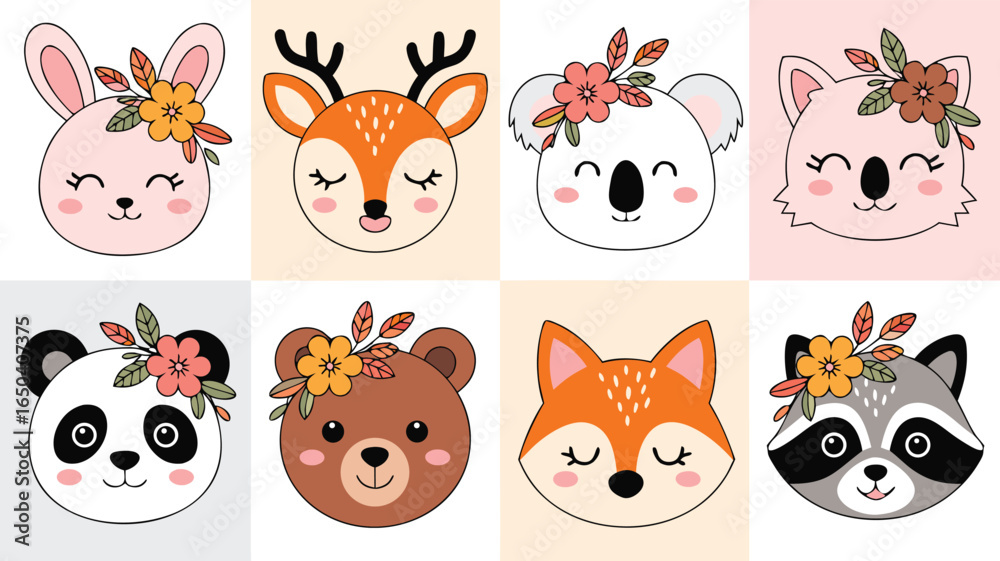 Naklejka premium Cute Cartoon Animal Faces with Flowers Bunny, Deer, Koala, Fox, Bear, Panda, Raccoon