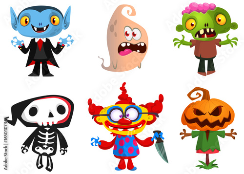 Cartoon set of Halloween characters design. Vector mummy zombie vampire ghost grim reaper devil werewolf witch pumpkin head. For party decoration or package design