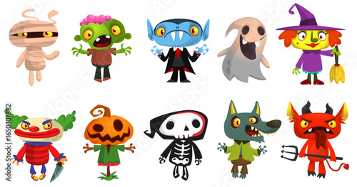 Cartoon set of Halloween characters design. Vector mummy zombie vampire ghost grim reaper devil werewolf witch pumpkin head. For party decoration or package design