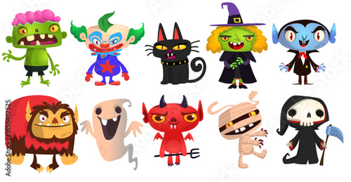 Cartoon set of Halloween characters design. Vector mummy zombie vampire ghost grim reaper devil werewolf witch pumpkin head. For party decoration or package design