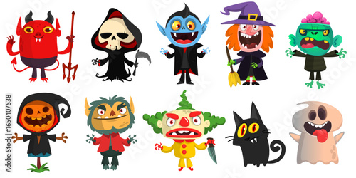 Cartoon set of Halloween characters design. Vector mummy zombie vampire ghost grim reaper devil werewolf witch pumpkin head. For party decoration or package design