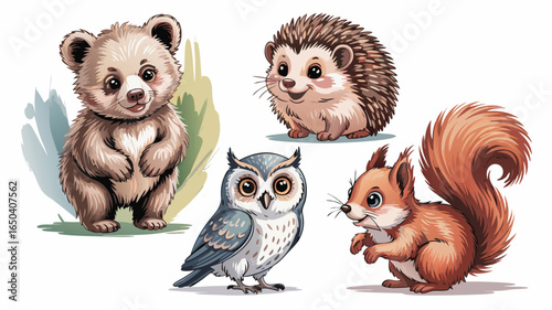 Cute Cartoon Animals Illustration Bear Cub, Hedgehog, Owl, and Squirrel Characters Isolated