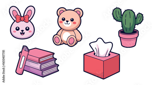 Cute Cartoon Illustrations Bunny Face, Teddy Bear, Cactus, Books, and Tissue Box Collection