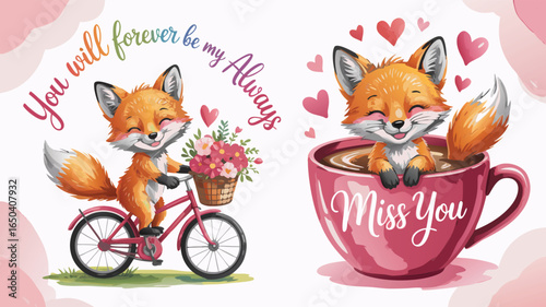Cute Foxes Illustration One Rides a Bike with Flowers, Other in a Miss You Mug