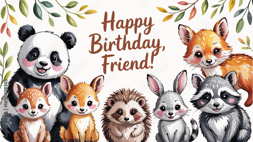 Obraz premium Happy Birthday Friend! Cute Watercolor Animals Panda, Deer, Fox, Hedgehog, Rabbit, and Raccoon