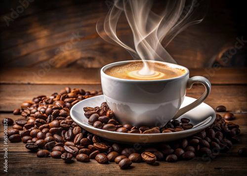 Steaming cup of coffee surrounded by coffee beans on a wooden table
