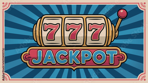 Illustrated Cartoon Slot Machine Showing Three Red Sevens and Jackpot Sign Against Striped Background